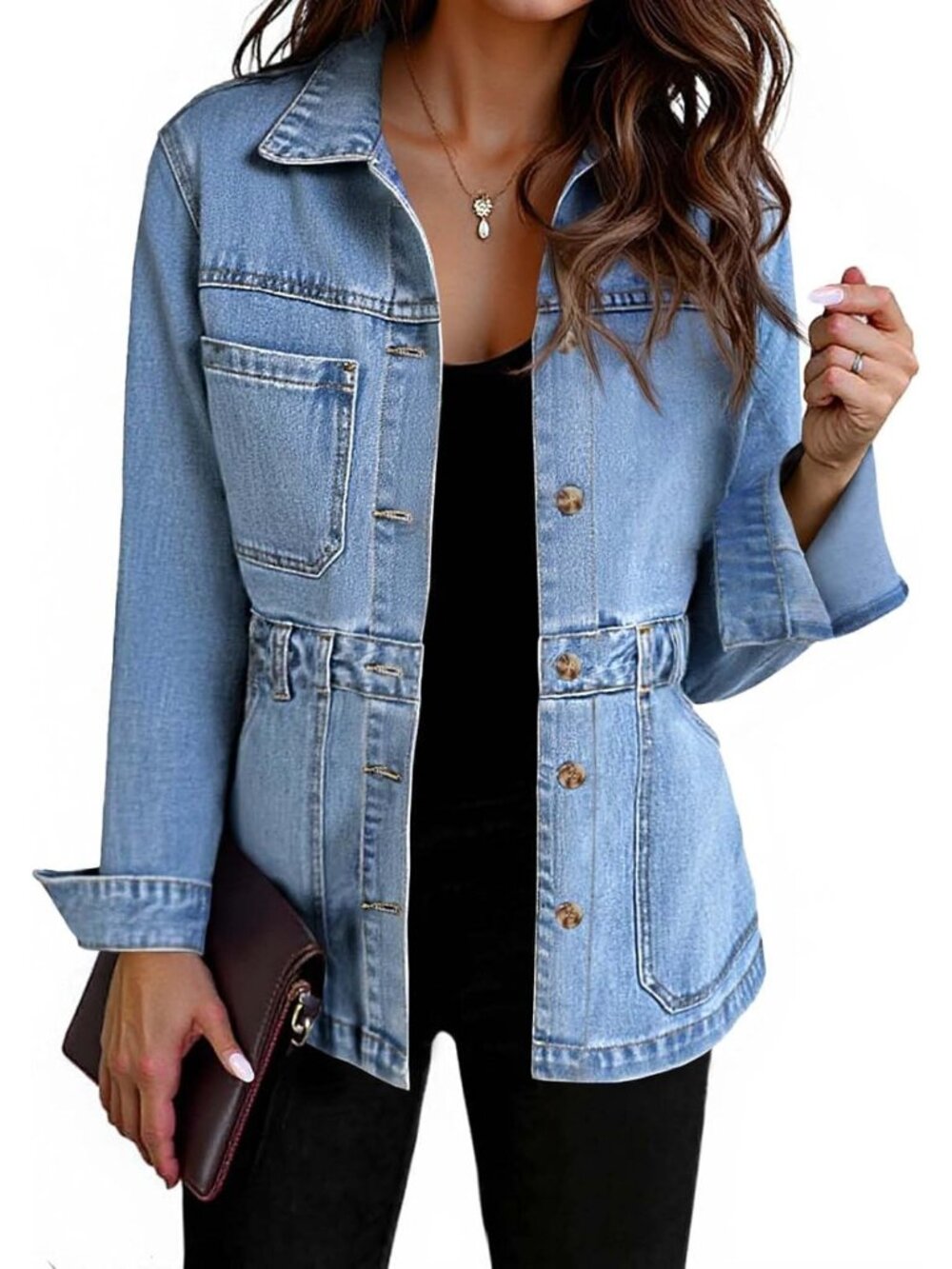 Women's Light Blue Button Down Long Sleeve Side Pocket Casual Denim Jeans Jacket